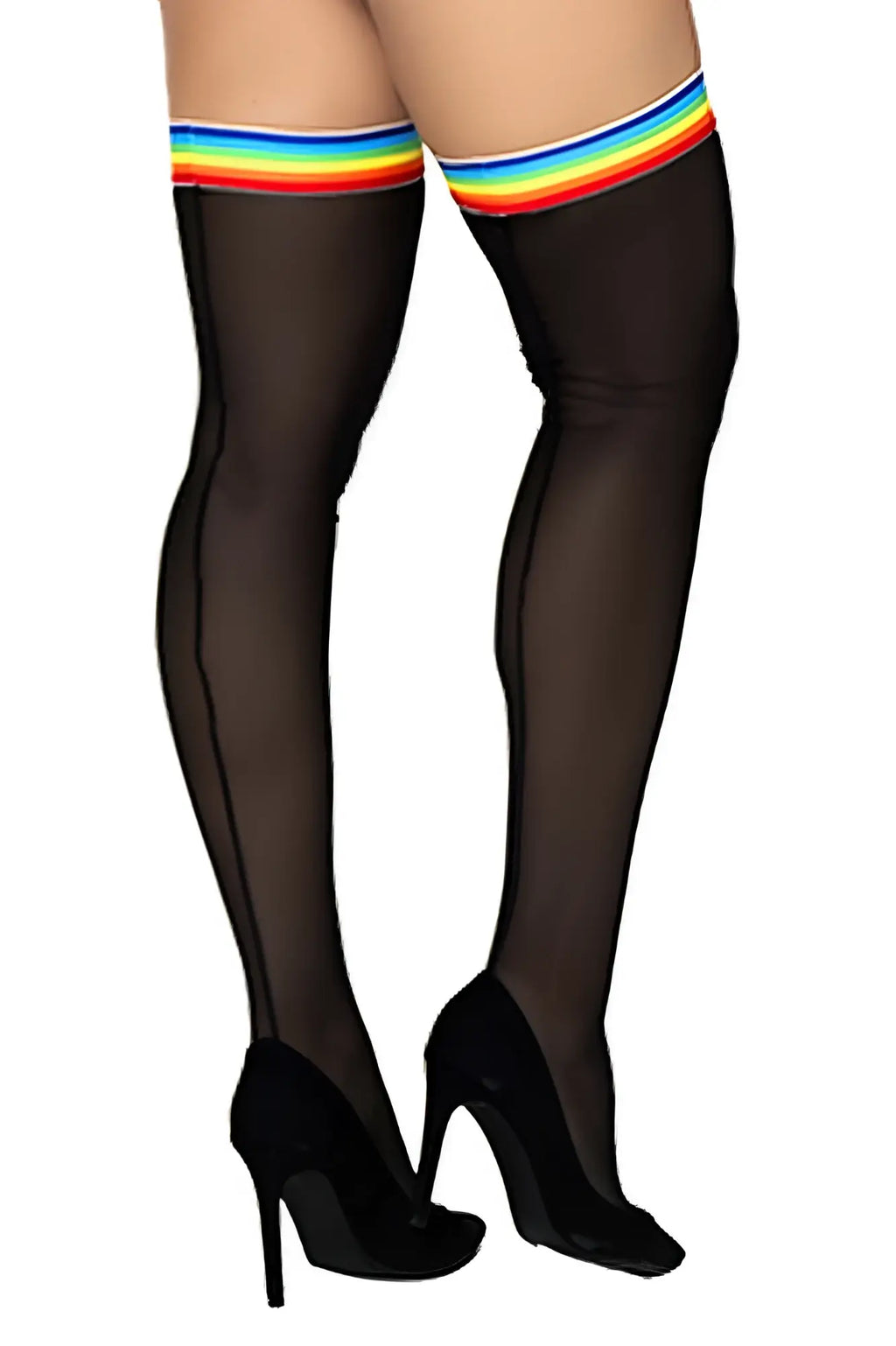 Black sheer mesh thigh high stockings with colorful rainbow stripe at the top by Mapale 1100 in black-rainbow