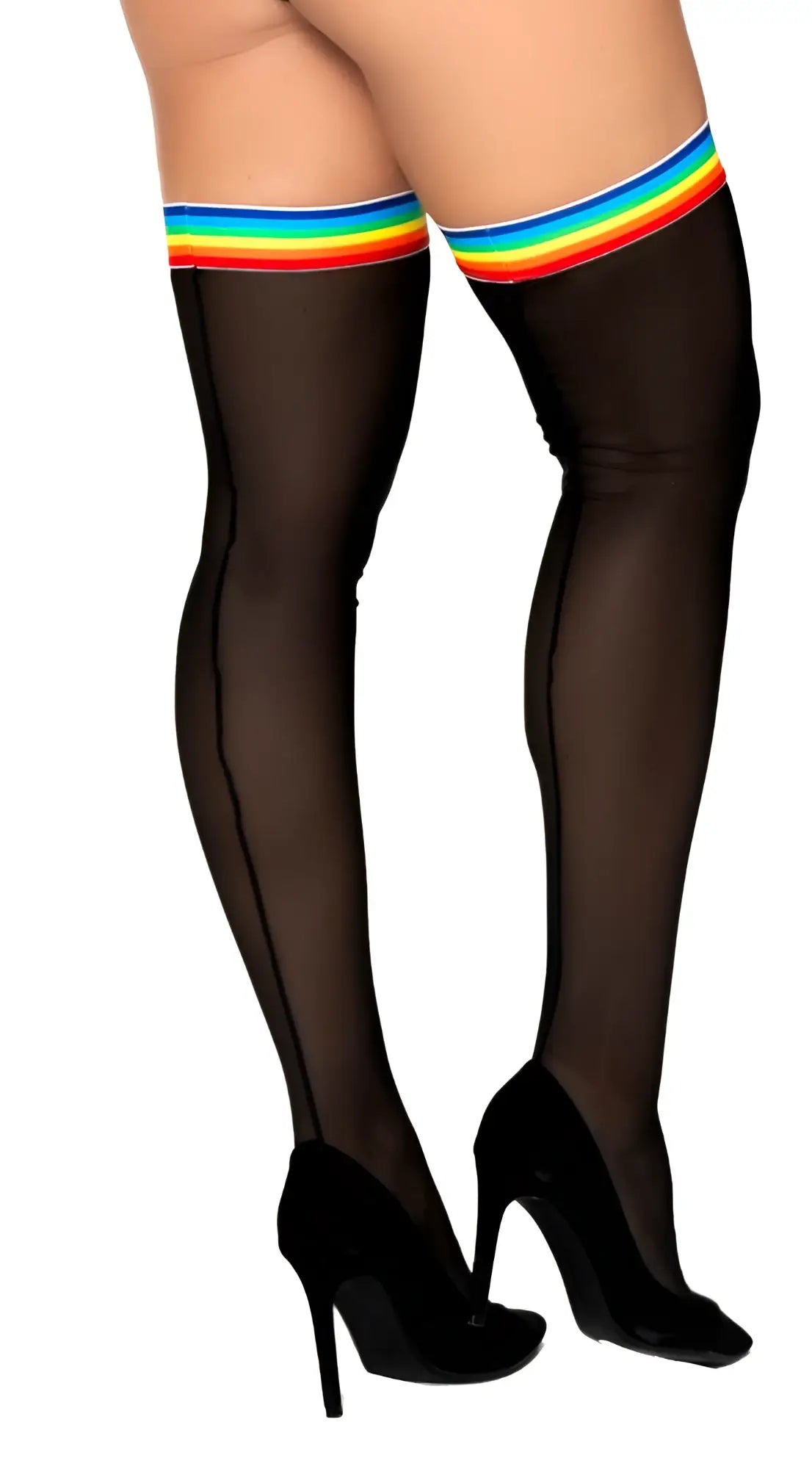 Black sheer mesh thigh high stockings with rainbow striped elastic band by mapale model 1100 in black rainbow