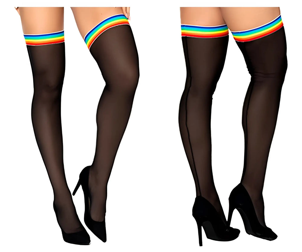 Black sheer mesh thigh high stockings with rainbow striped elastic band at top by mapale 1100 mesh color black-rainbow