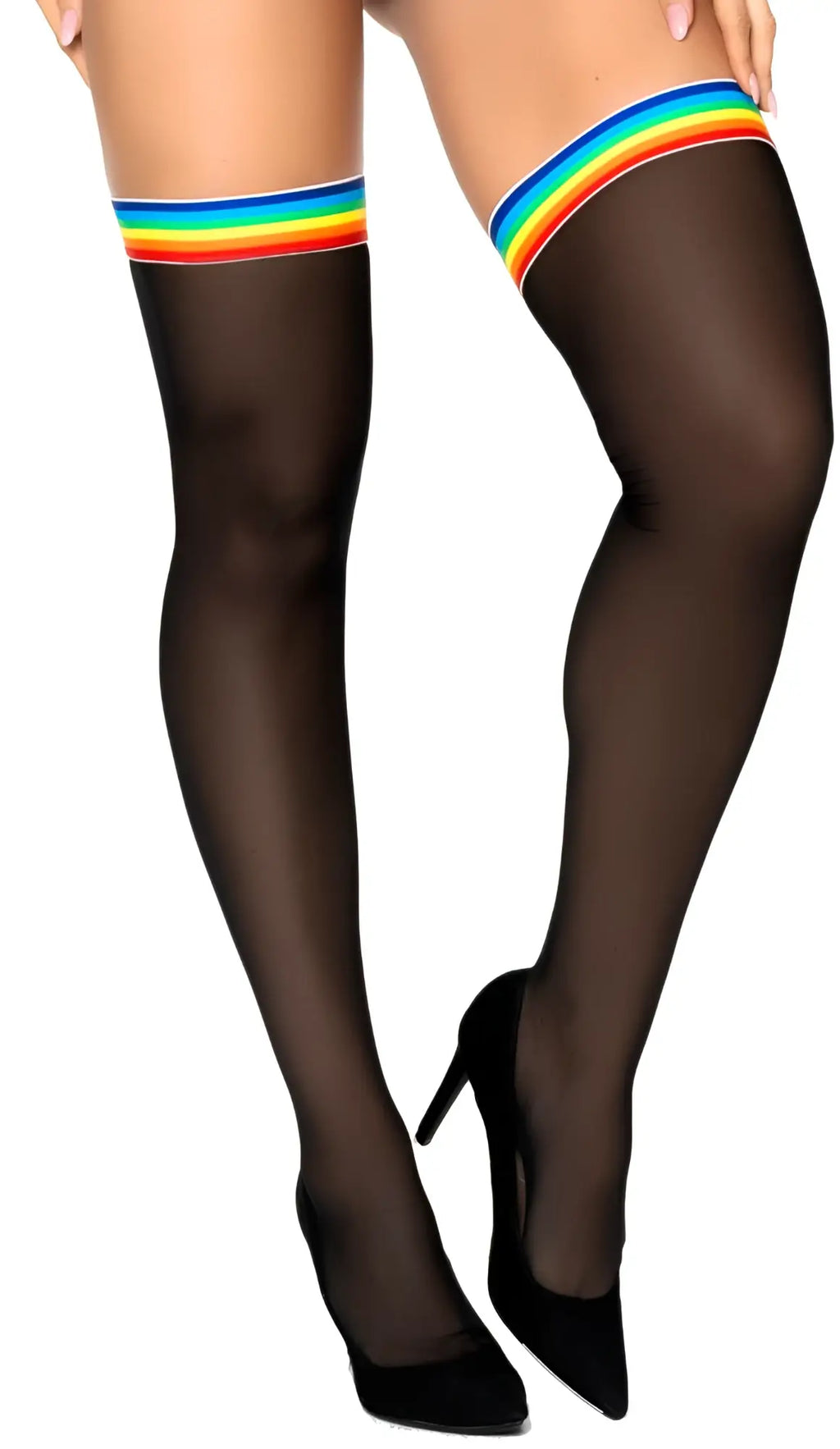 Mapale 1100 mesh black thigh high stockings with sheer material and a vibrant rainbow-striped elastic band at top