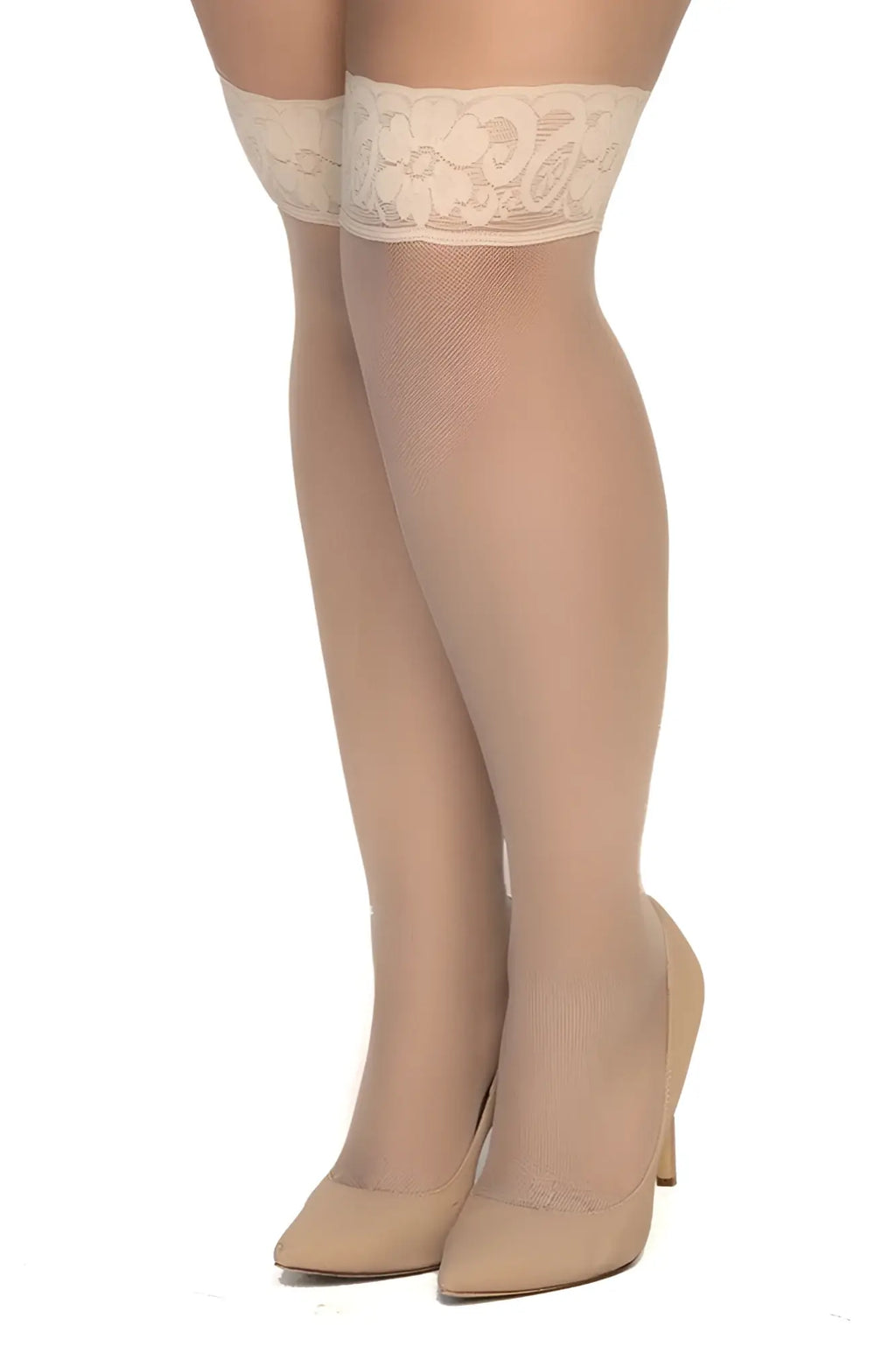 Beige lace-cuffed thigh-high stockings in nude sheer mesh by Mapale ideal for elegant lingerie looks