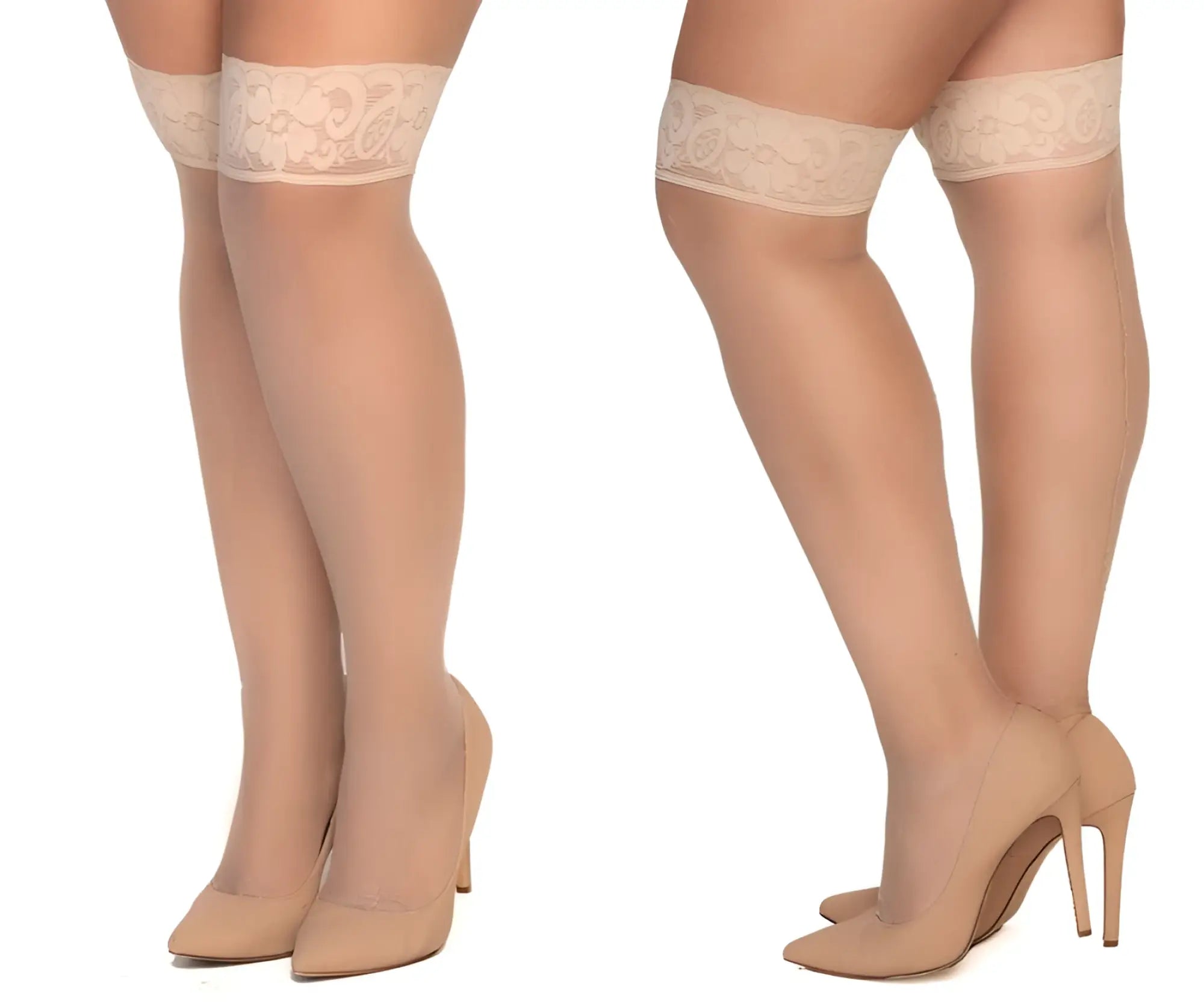 Beige lace-cuffed nude mesh thigh highs with sheer smooth texture from Mapale 1101 collection
