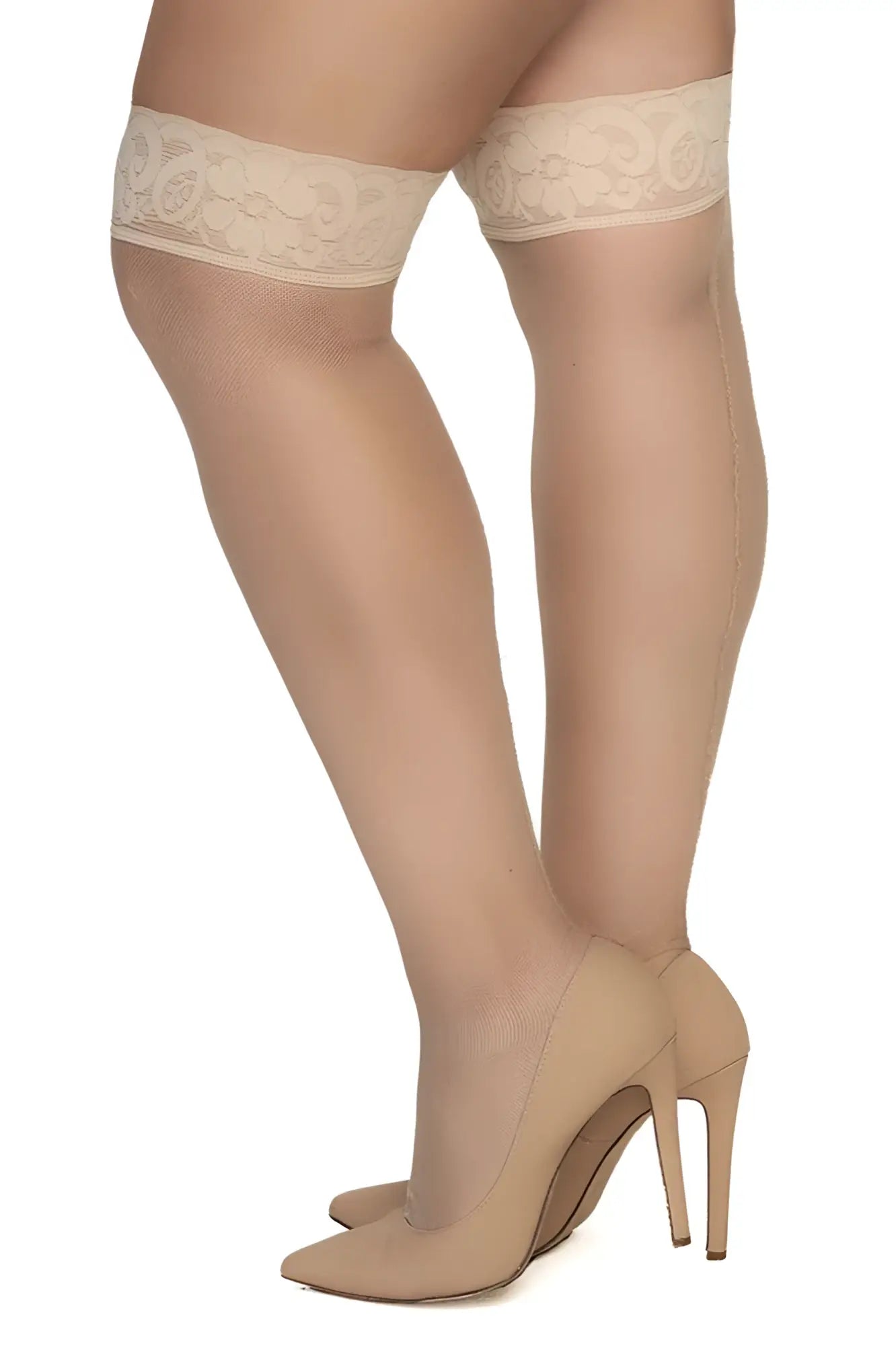 Beige Mapale 1101 mesh thigh highs with lace edges and sheer smooth texture in nude color for elegant wear