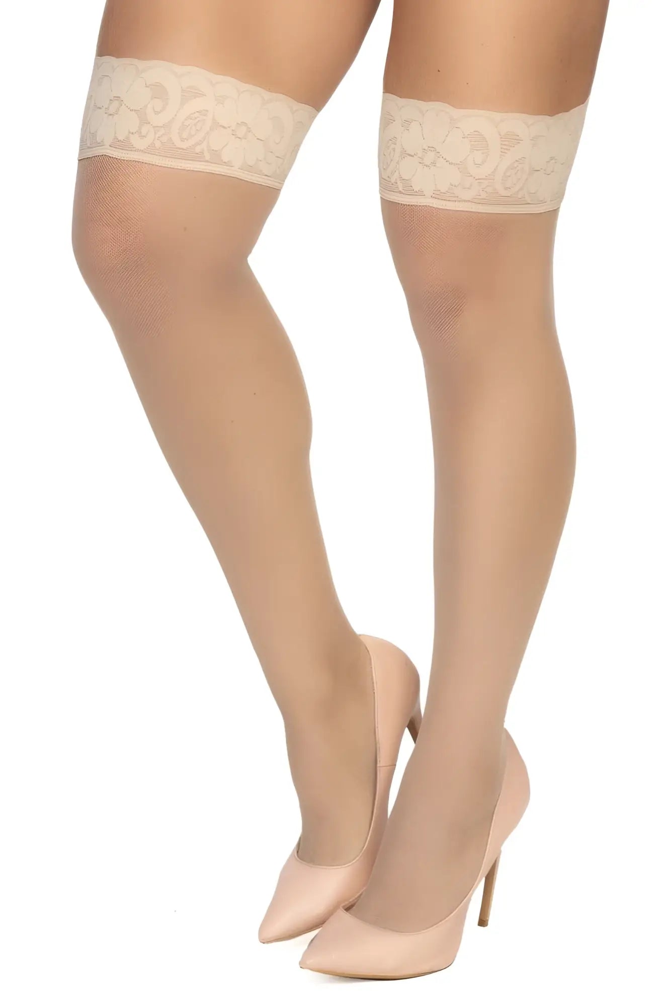 Beige lace-edged thigh-high stockings with sheer mesh texture mapale 1101 mesh thighs color nude