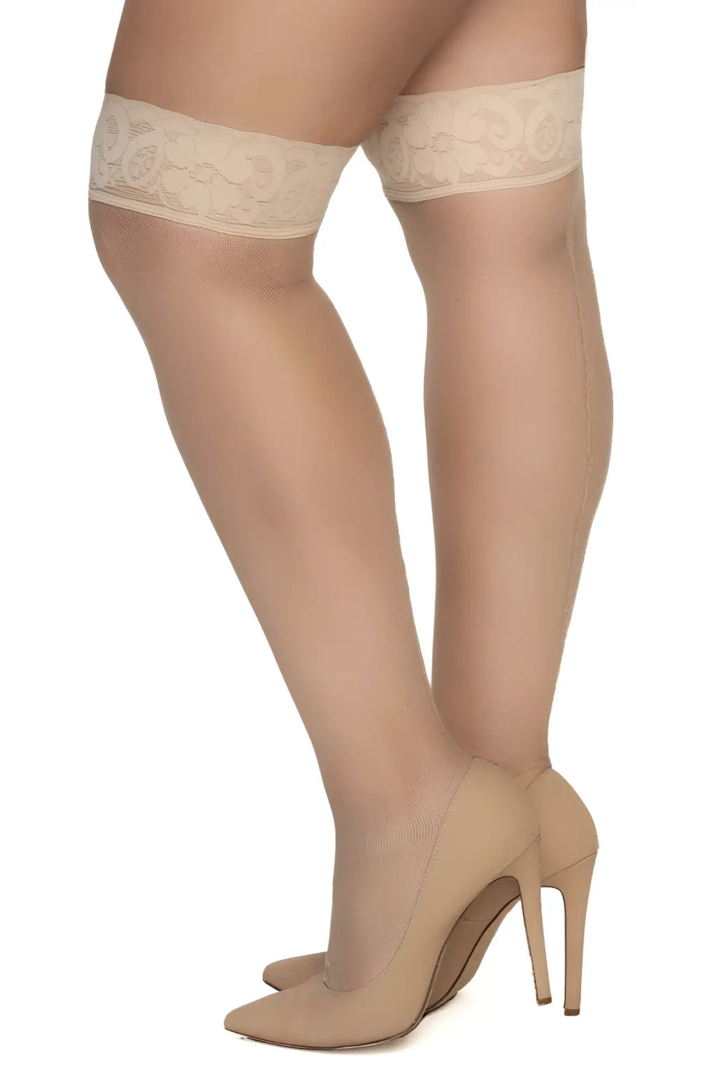 Beige lace-edged mesh thigh-high stockings in nude paired with matching high-heeled pumps by Mapale 1101X