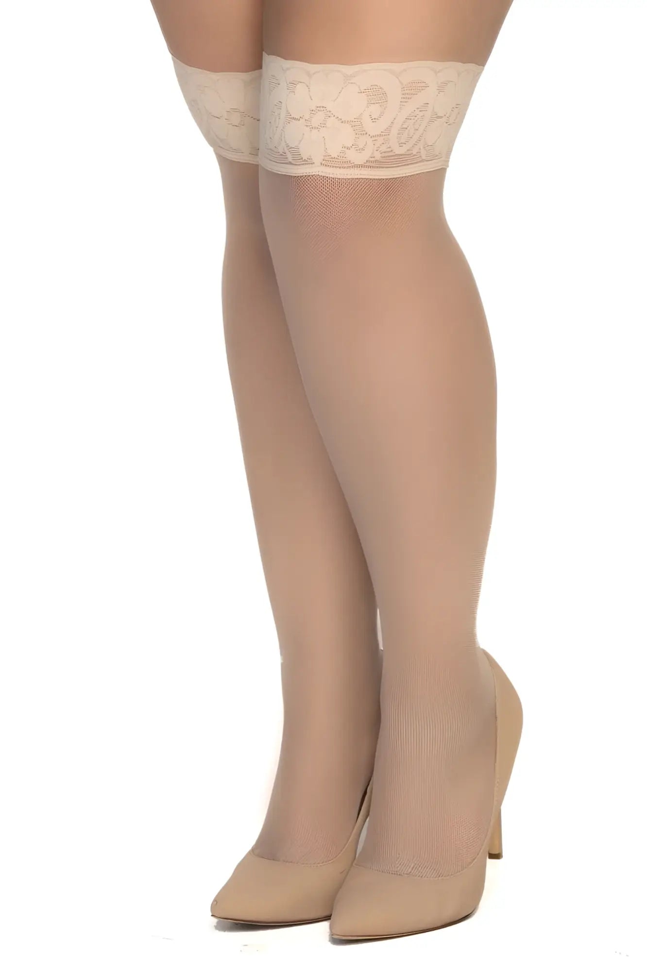 Mapale 1101X mesh thigh highs in nude with beige lace edges and a sheer ribbed texture