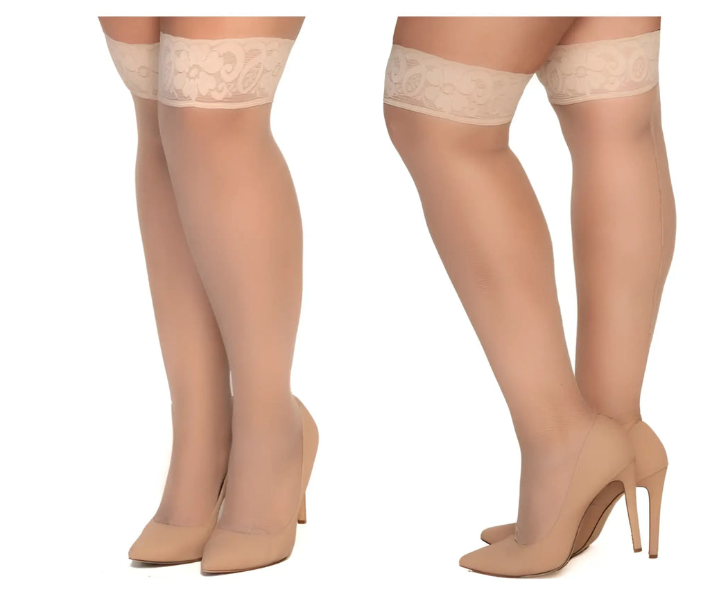 Beige lace-edged mapale 1101x mesh thigh highs in nude color with sheer smooth texture and delicate lace trim