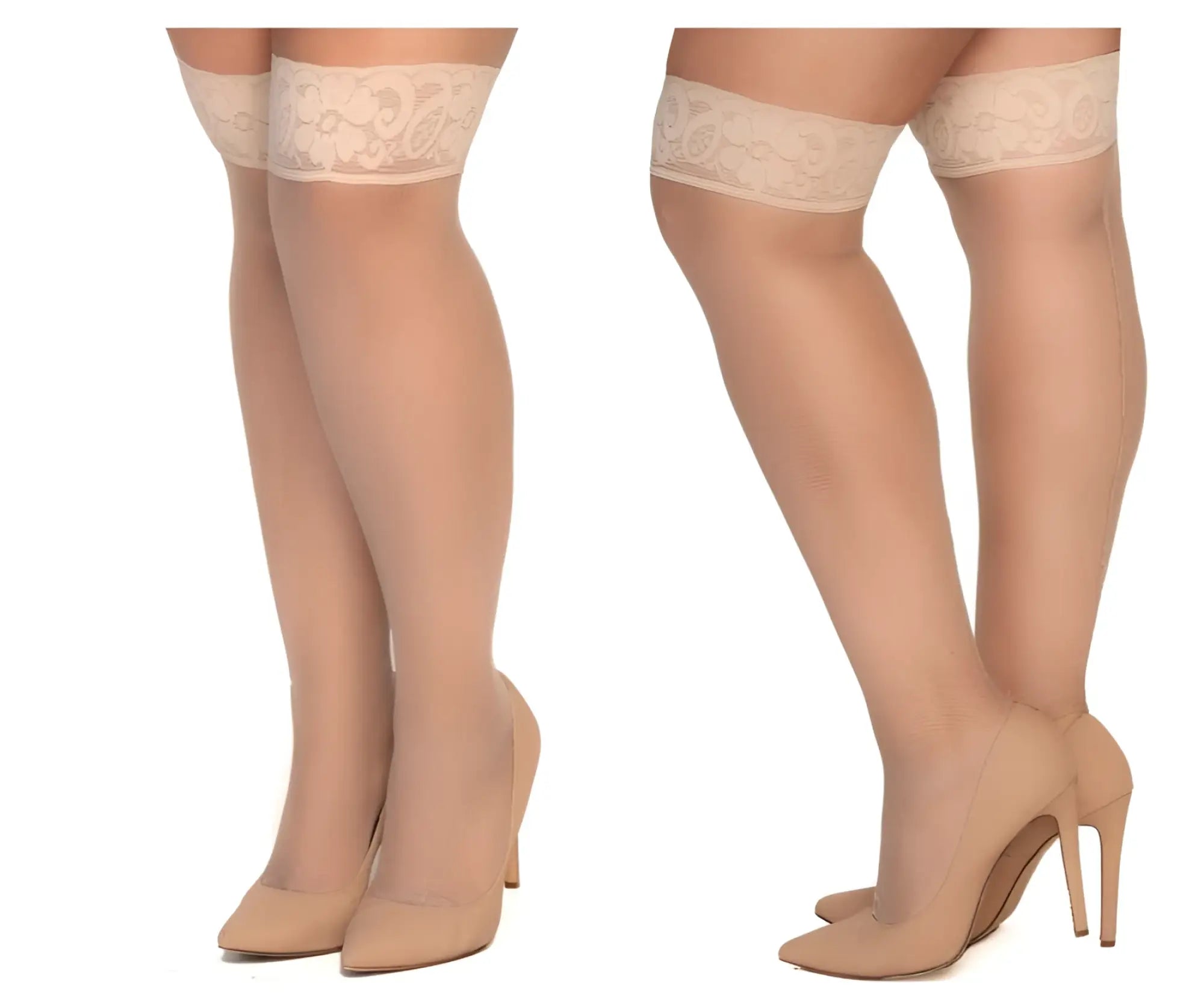 Beige lace-edged mapale 1101x mesh thigh highs in nude color with sheer smooth texture and delicate lace trim