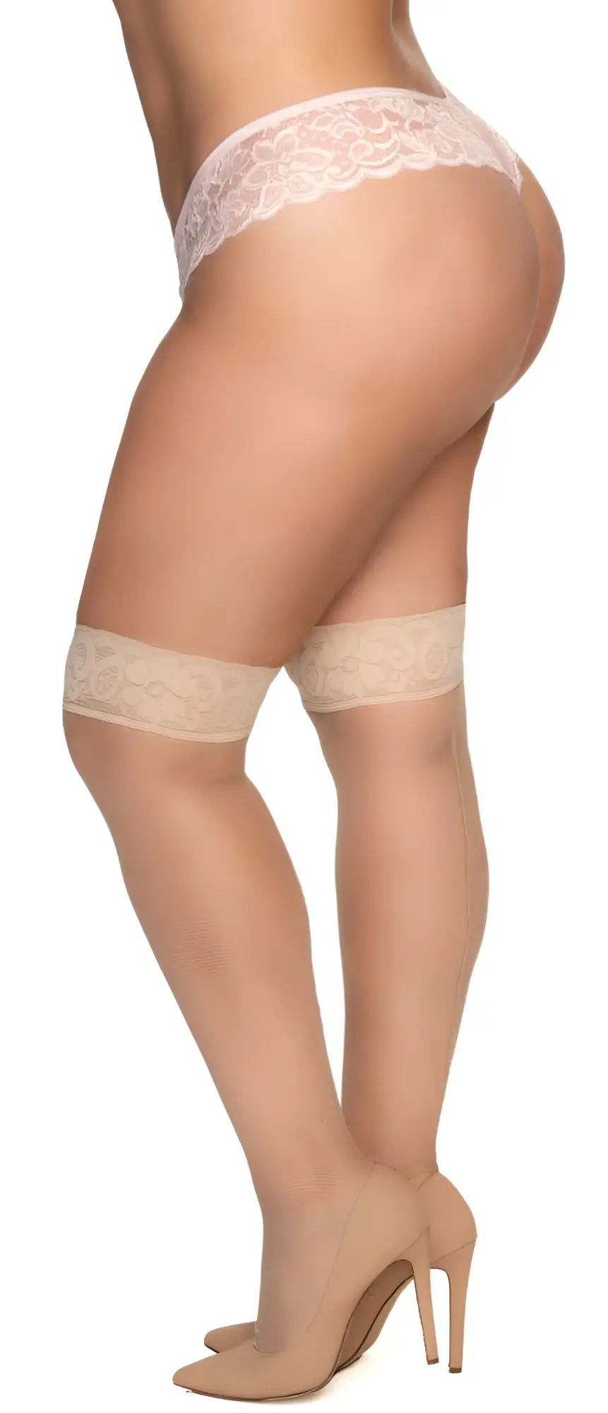 Beige lace thigh high stockings with delicate floral embroidery and sheer smooth mesh texture mapale 1101x nude