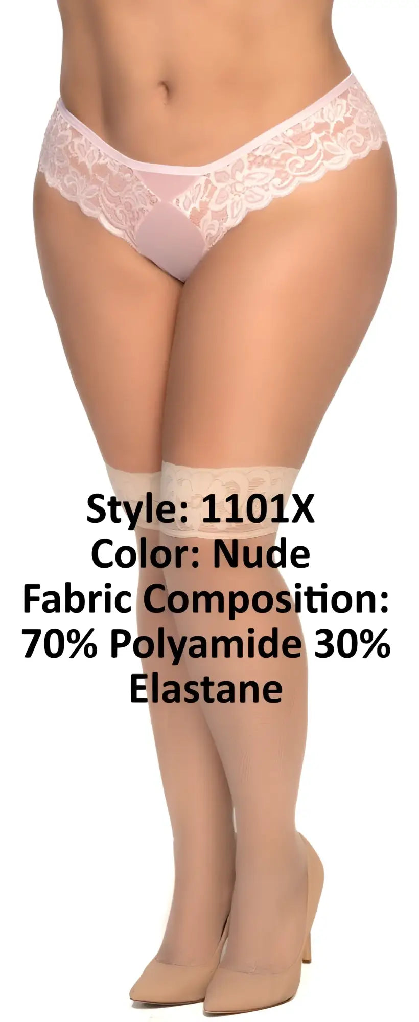 Nude lace-trimmed women’s underwear in sheer stretchy fabric blend from mapale 1101x mesh thigh highs collection