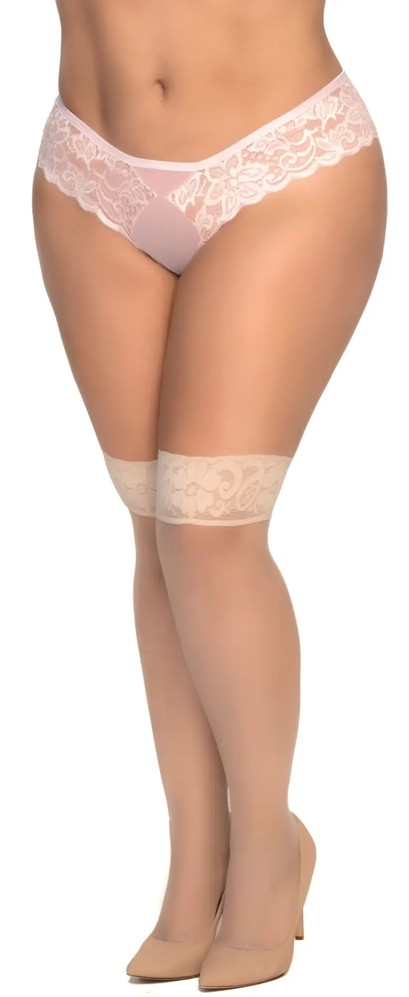 Pink lace thong with matching nude sheer mesh thigh highs and decorative lace cuffs by mapale
