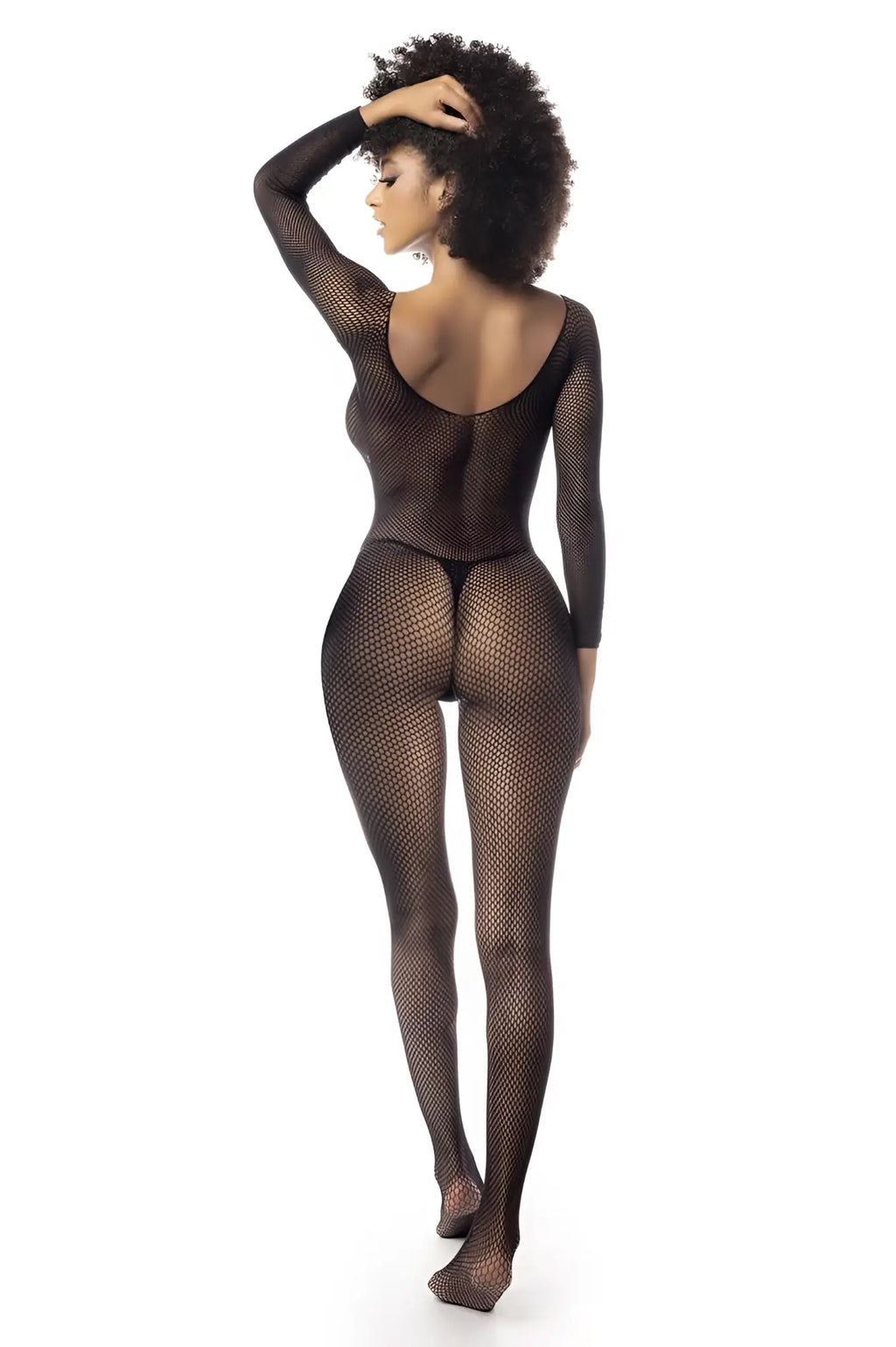 Black long sleeved fishnet bodysuit by Mapale with a backless design perfect for lingerie or costume use