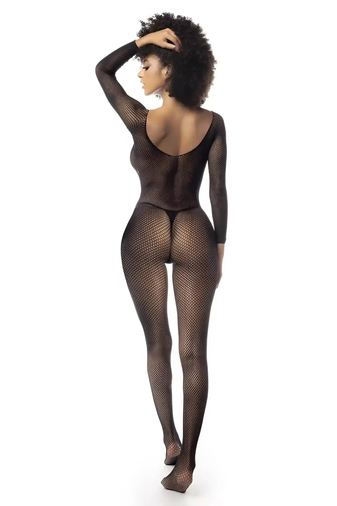 Black long sleeved fishnet bodysuit by Mapale with a backless design perfect for lingerie or costume use