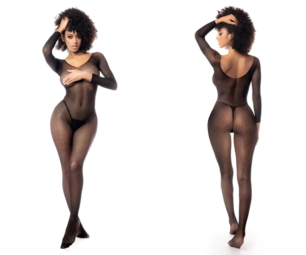 Black fishnet bodysuit with long sleeves and backless design by Mapale 1102 in a sheer fishnet material