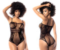 Black lace mesh fishnet bodysuit with intricate floral patterns and thin spaghetti straps by Mapale 1103 in black