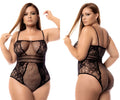 Black fishnet lace bodysuit with intricate floral patterns and thin spaghetti straps by Mapale model 1103X