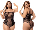Black fishnet lace bodysuit with intricate floral patterns and thin spaghetti straps by Mapale model 1103X