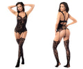 Black lace mapale 1104 fishnet bodystocking with matching thigh-high stockings and suspenders in black material