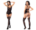 Black lace mapale 1104 fishnet bodystocking with matching thigh-high stockings and suspenders in black material