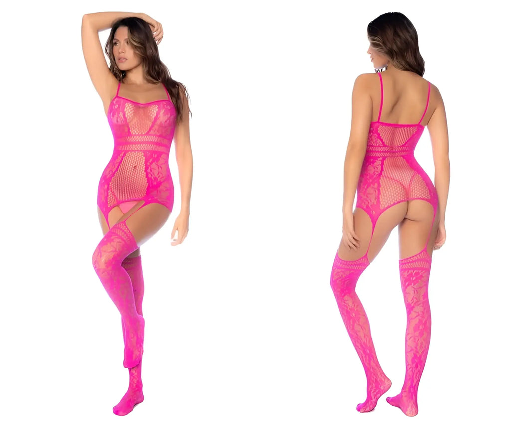 Bright pink neon pink fishnet lace bodysuit with matching thigh-high stockings by Mapale 1105 for lingerie use