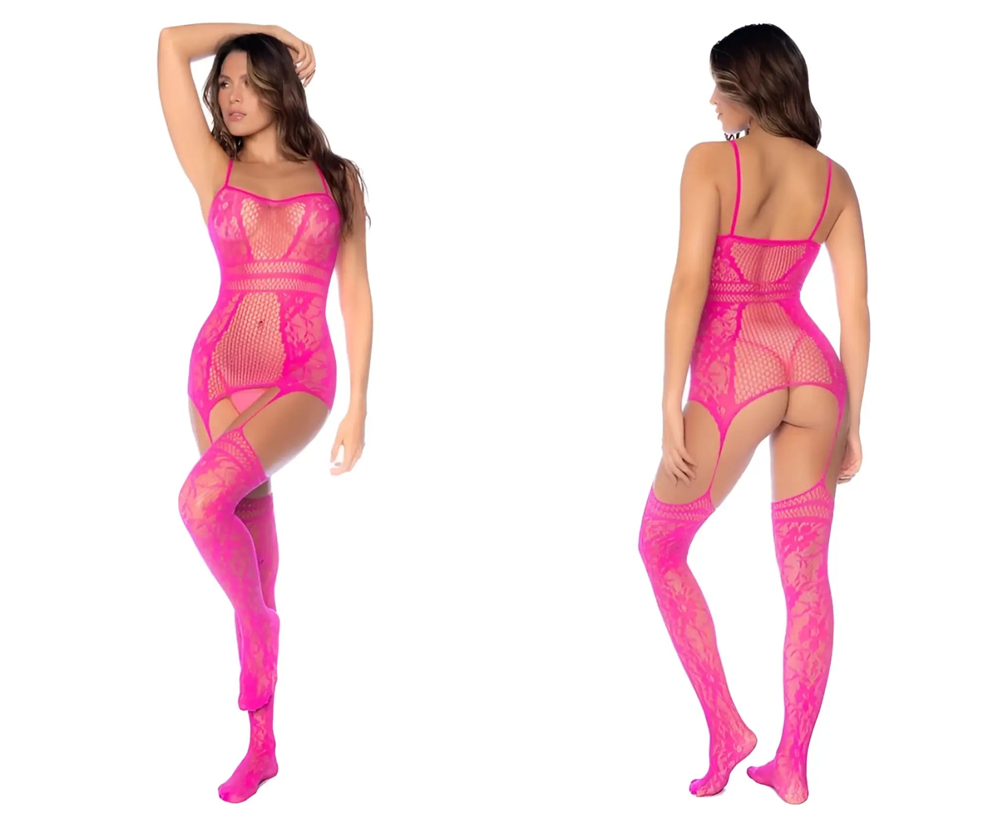 Bright pink neon pink fishnet lace bodysuit with matching thigh-high stockings by Mapale 1105 for lingerie use