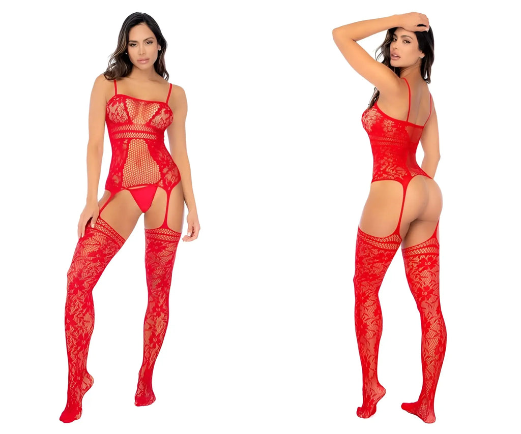 Red lace fishnet bodysuit with matching thigh-high stockings by mapale 1105 featuring necklines and straps in red