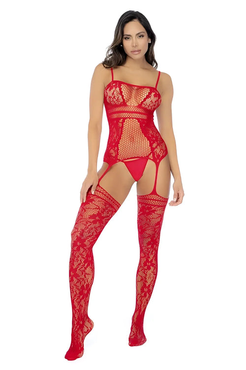 Red lace fishnet bodysuit with matching thigh-high stockings featuring necklines and straps by mapale