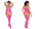 Bright pink neon pink fishnet lace bodysuit with matching thigh-high stockings and garter straps by Mapale