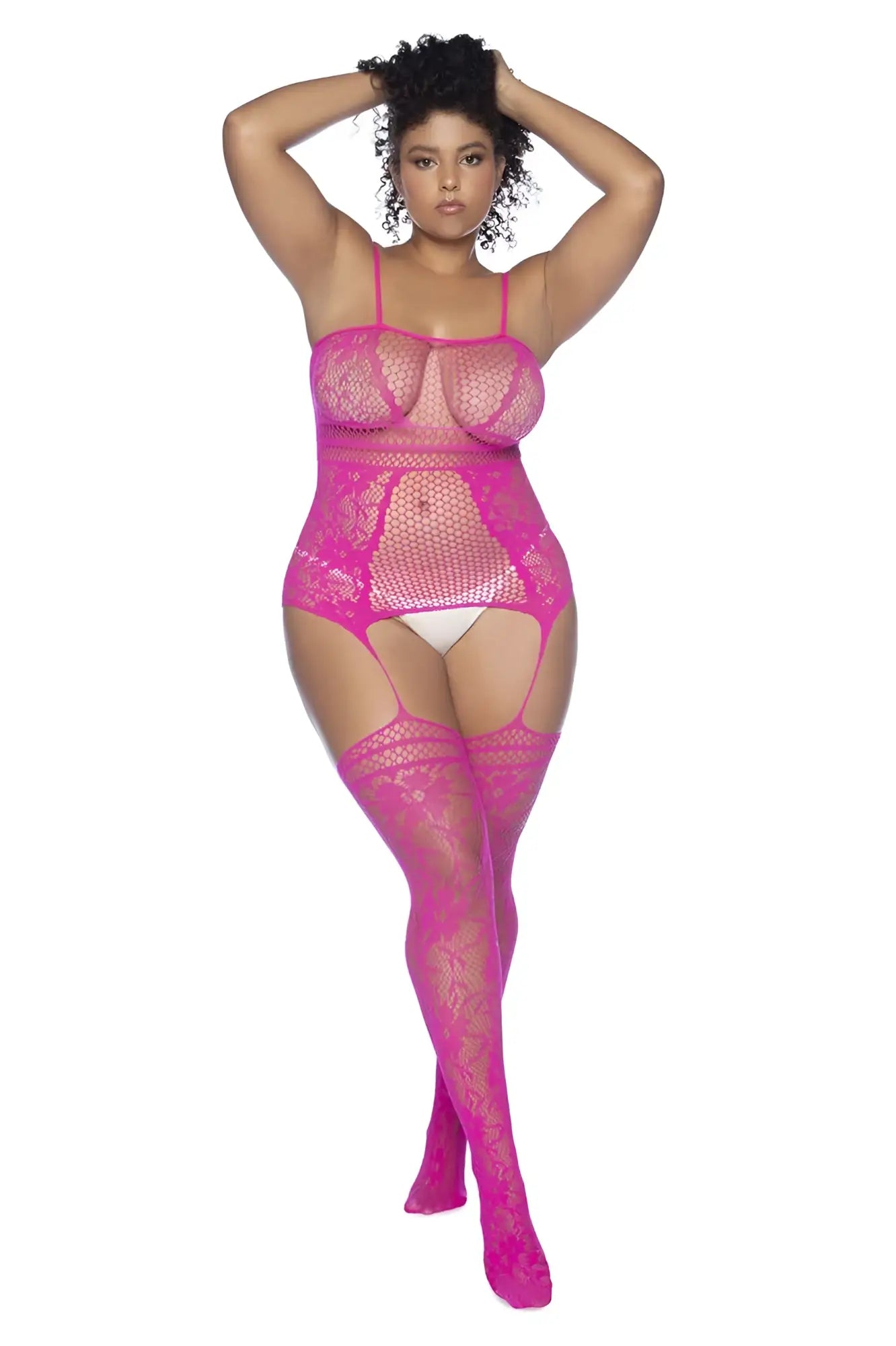 Bright pink neon mesh fishnet bodystocking with lace detailing and thigh-high stockings by Mapale 1105X