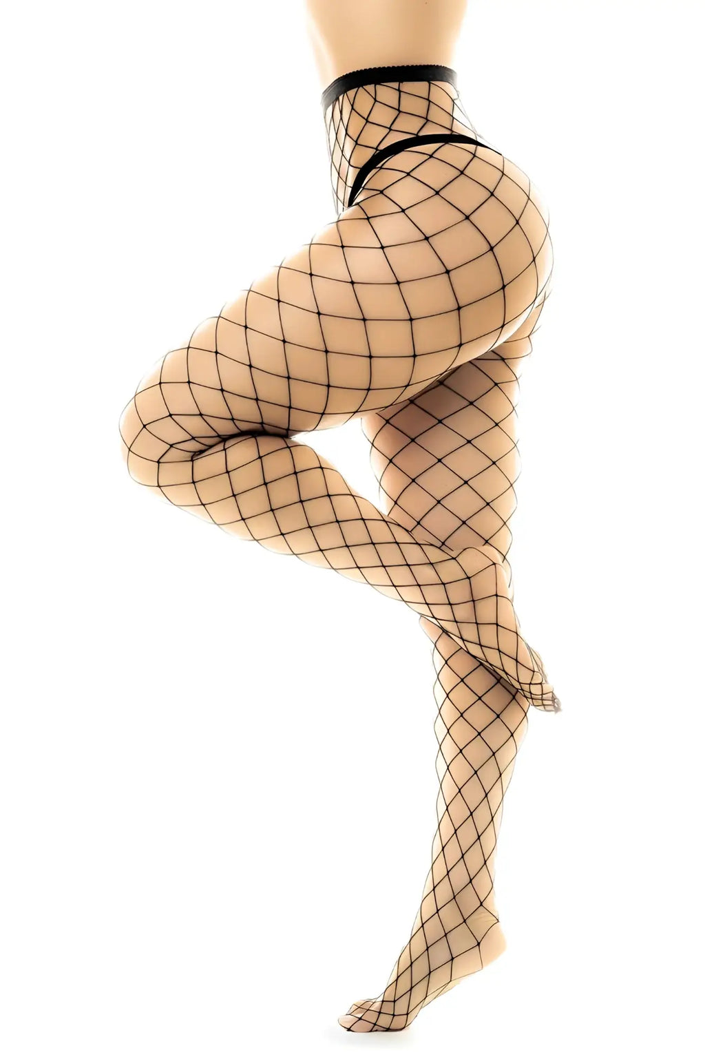 Black mapale 1106 fence net pantyhose with high waisted sheer fishnet stockings in grid pattern design