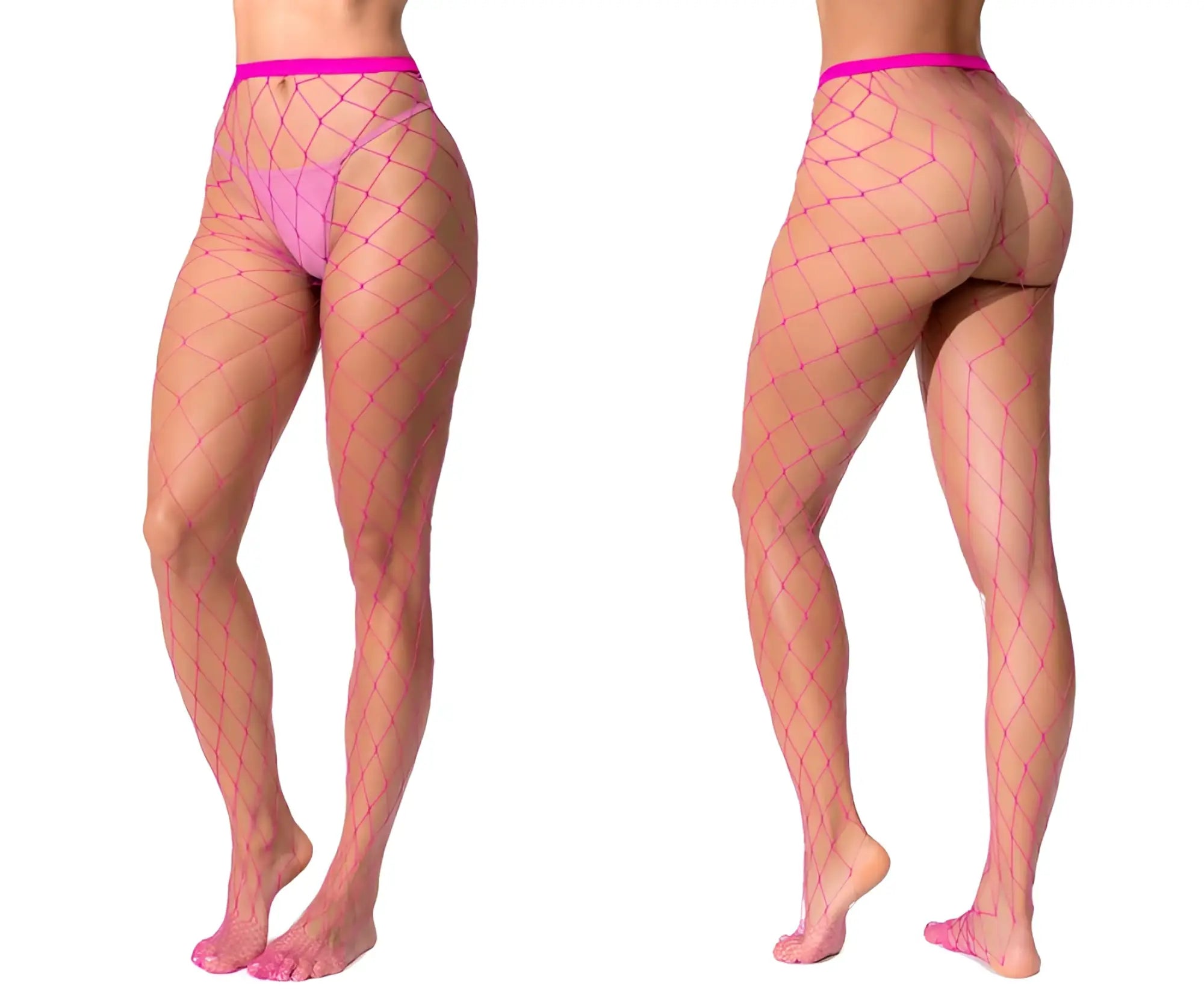 Fuchsia mesh fishnet stockings with matching elastic waistband from Mapale 1106 fence net pantyhose neon pink color