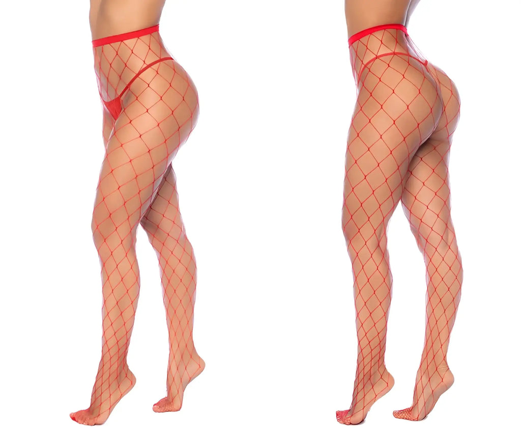 Red fishnet pantyhose with sheer mesh texture and matching waistband from mapale 1106 fence net collection