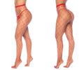Red fishnet pantyhose with sheer mesh texture and matching waistband from mapale 1106 fence net collection