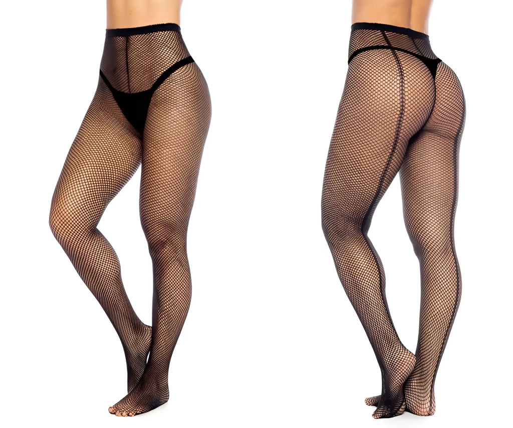 Black mapale 1107 fishnet pantyhose with high waisted design sheer mesh texture visible from the back side