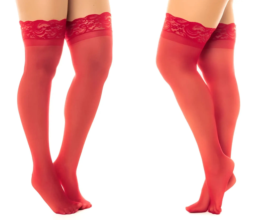 Mapale 1108 sheer red thigh highs with intricate lace top detailing and stay up feature in sheer material