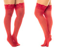 Mapale 1108 sheer red thigh highs with intricate lace top detailing and stay up feature in sheer material