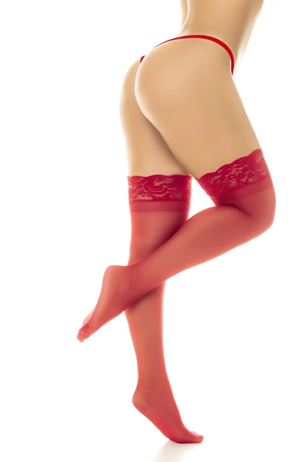 Mapale 1108 sheer red lace thigh highs with translucent fabric and floral embroidery at the top