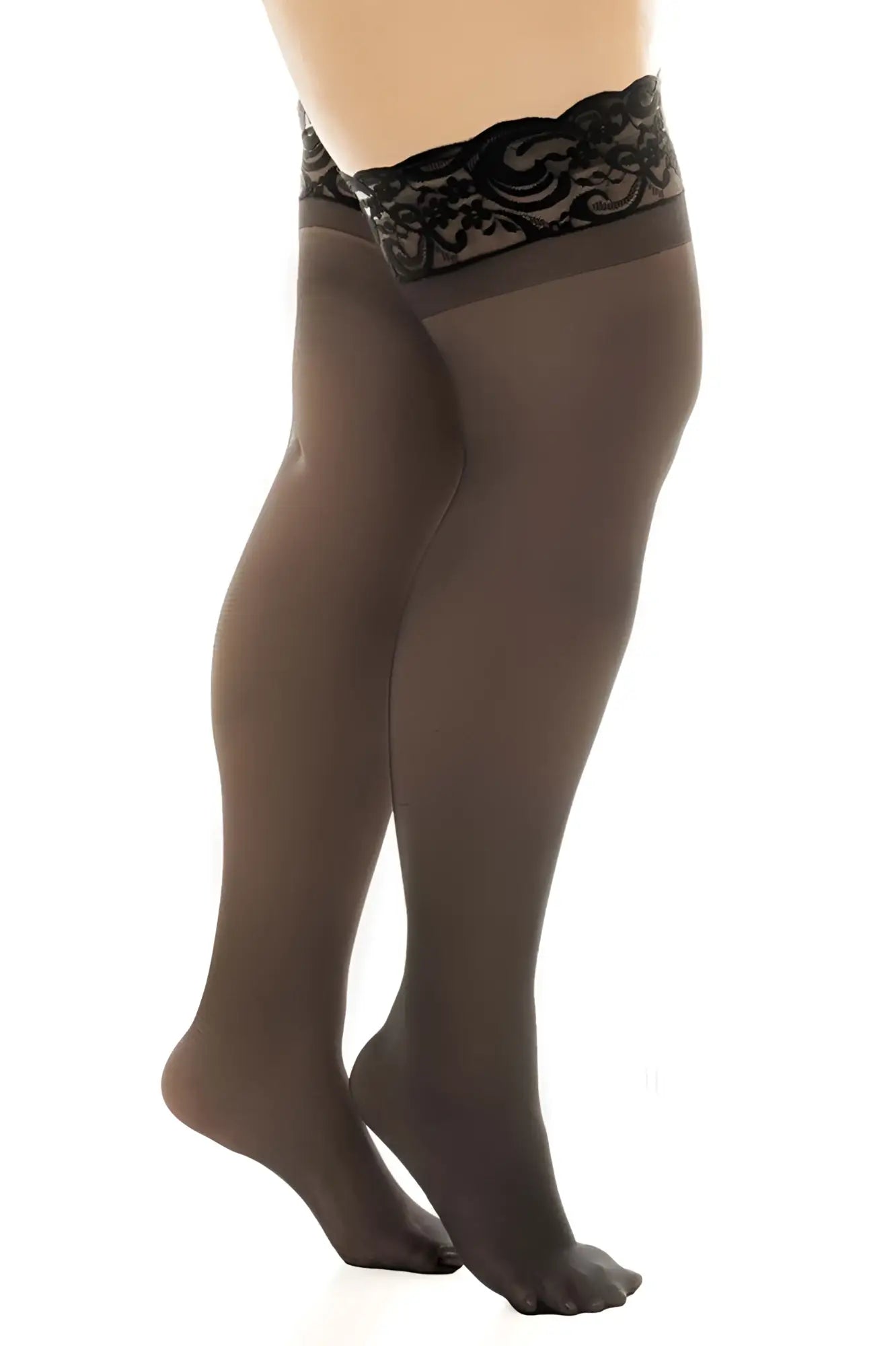 Black lace-edged sheer thigh-high stockings in black by Mapale 1108X with stay up design