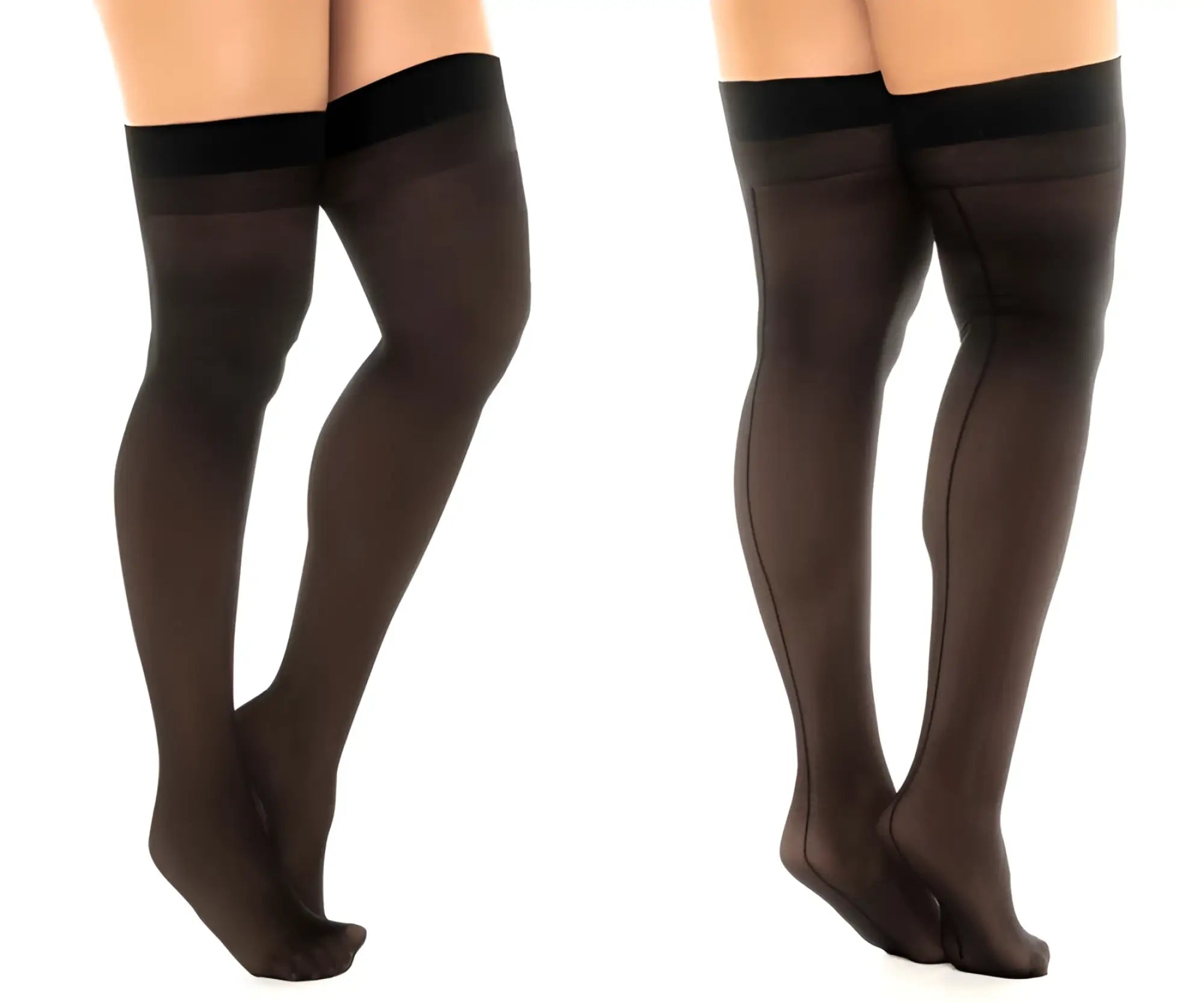 Mapale 1109 sheer black thigh high stockings with solid black elastic band at the top made of sheer material