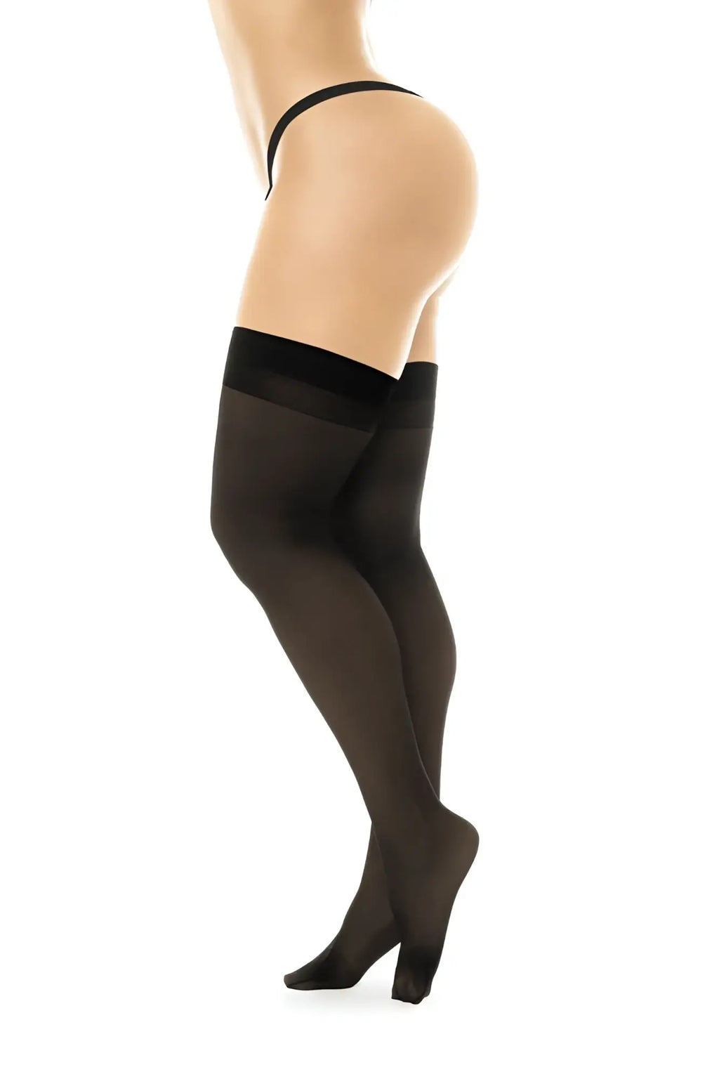 Black sheer thigh high stockings with a solid elastic band at the top by Mapale 1109 in black color