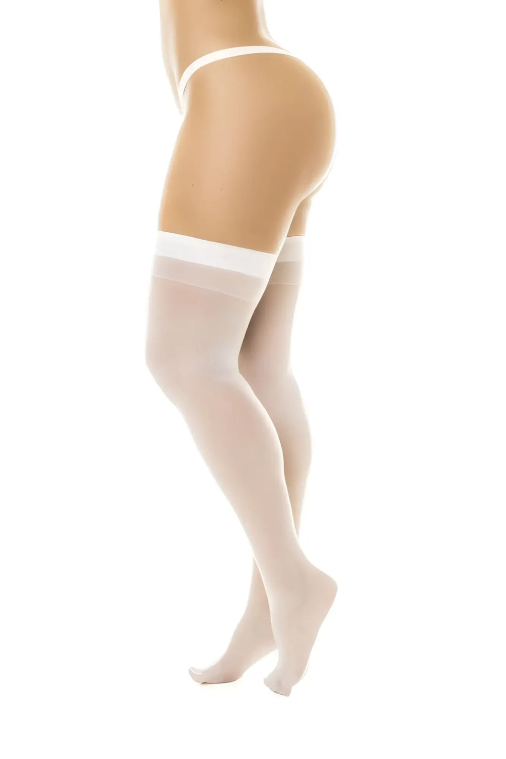 White sheer thigh high stockings by mapale with smooth opaque white band at the top in color white