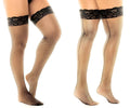 Black lace-trimmed fishnet thigh high stockings by mapale in black showcasing delicate lace detail and sheer mesh design