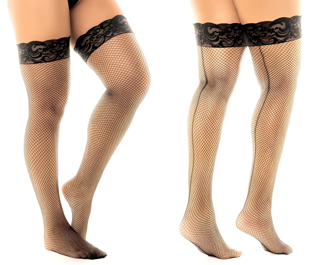 Black lace-trimmed fishnet thigh high stockings by mapale in black showcasing delicate lace detail and sheer mesh design
