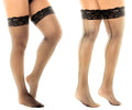 Black lace-trimmed fishnet thigh high stockings by mapale in black showcasing delicate lace detail and sheer mesh design
