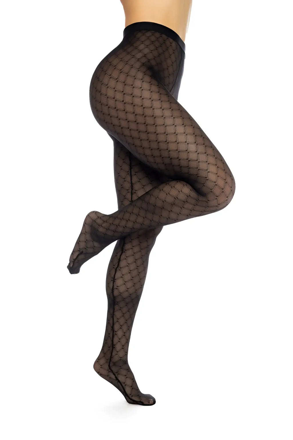 Black sheer Mapale 1111 diamond mesh pantyhose with a subtle diamond-patterned design in black color