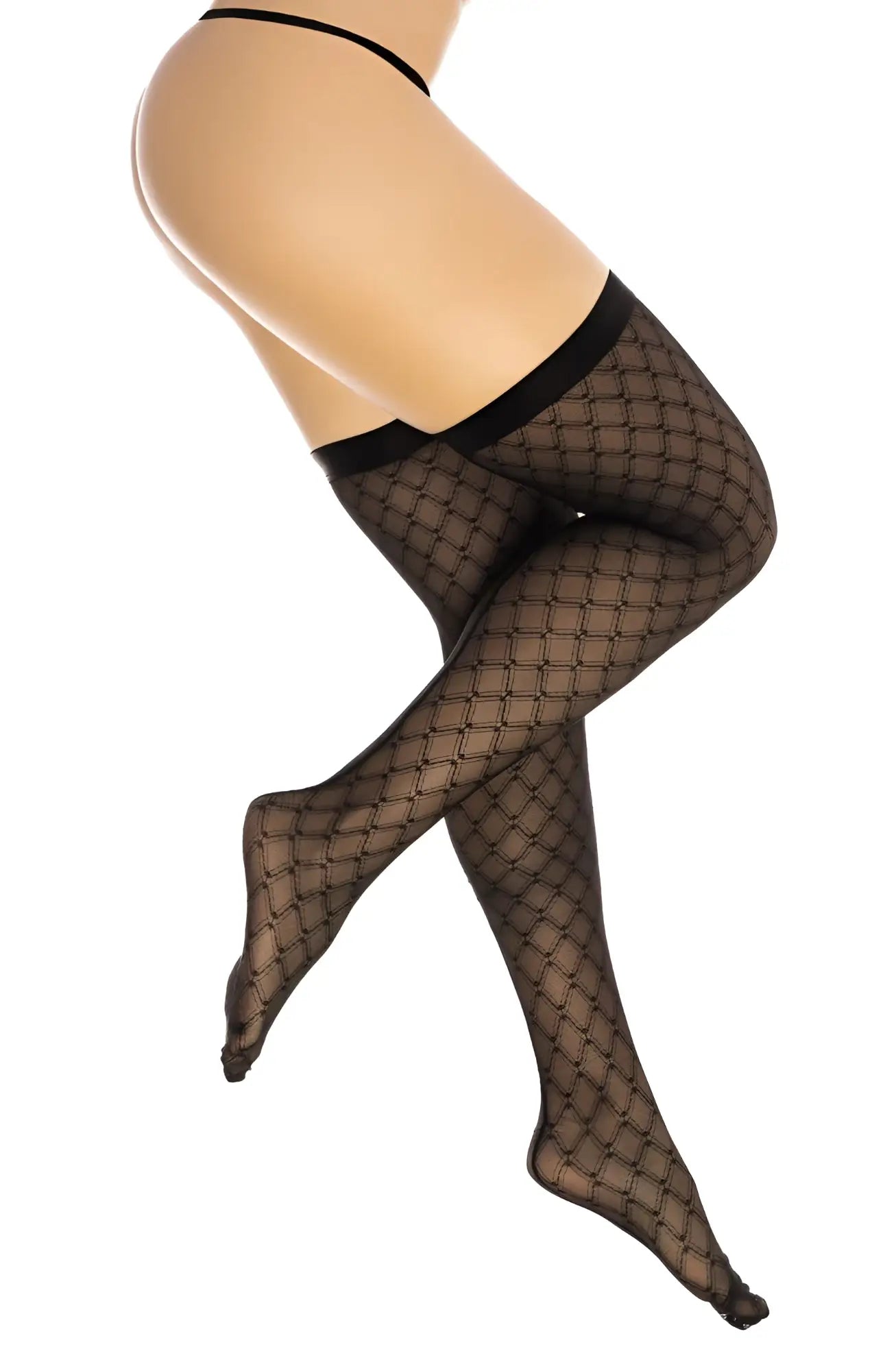 Mapale 1112 black thigh high stockings with diamond mesh pattern and solid elastic bands at the top
