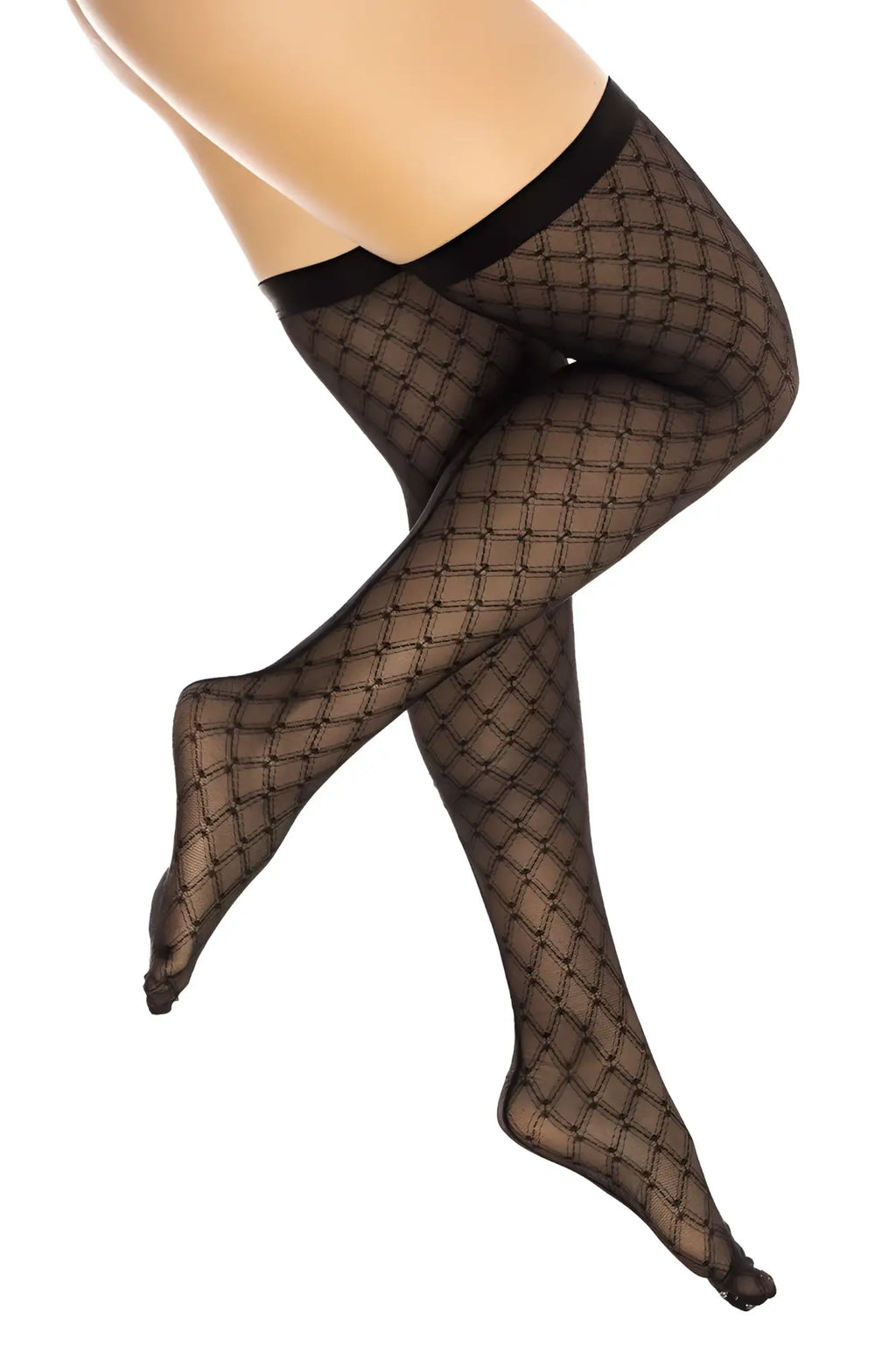 Black mesh thigh-high stockings with diamond pattern and solid black elastic waistband by Mapale 1112
