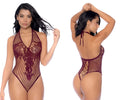 A maroon Mapale 1115 floral fishnet bodysuit with intricate lace detailing and a halter neckline