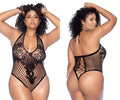 Black Mapale 1115X floral fishnet bodysuit with lace detailing and halter neck design