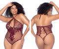 Maroon fishnet lace bodysuit with crisscross back straps by Mapale 1115X in cherry color showing back side